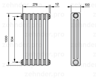 Схема (чертеж) Радиатор Zehnder Charleston 3100/6 №1270 Белый глянцевый RAL 9016
